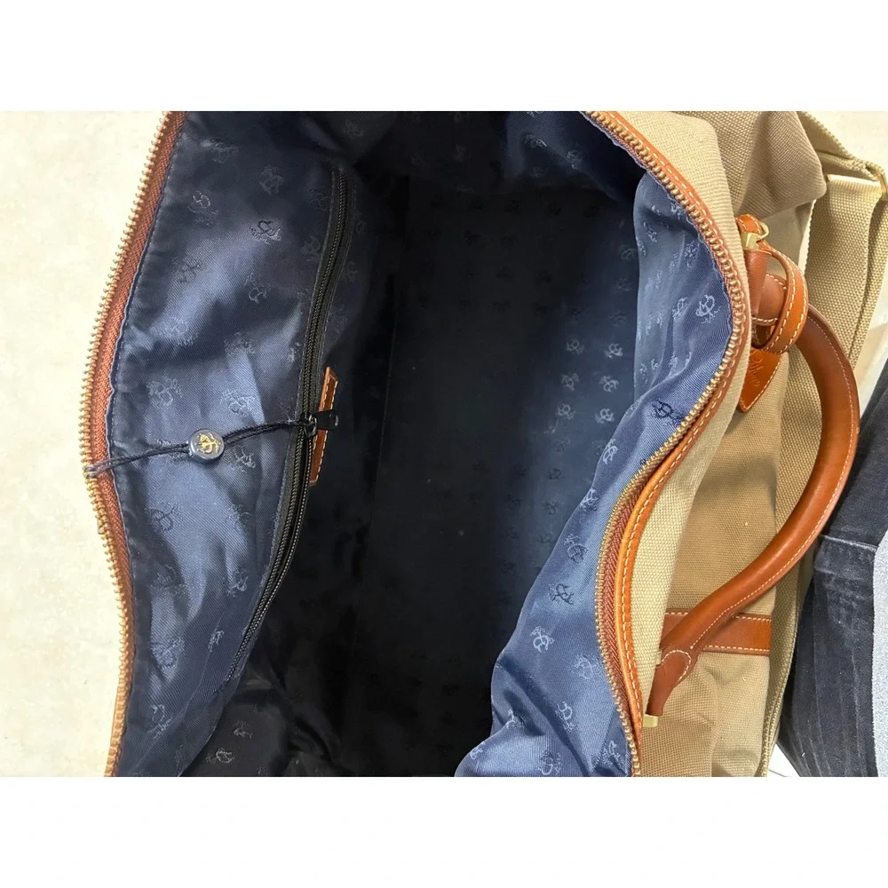 Brooks Brothers Canvas Leather Trim Duffle Bag Tan Brown Travel Weekender 4989